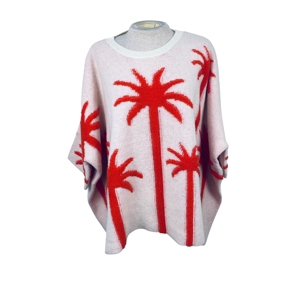 Simply Couture Cream Orange Palm Tree Oversized Knit Sweater Womens M